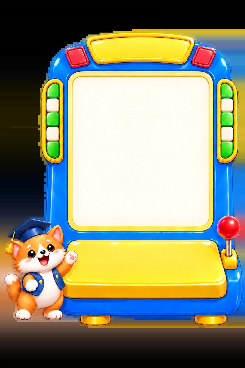A colourful arcade machine with a waving graduation cat