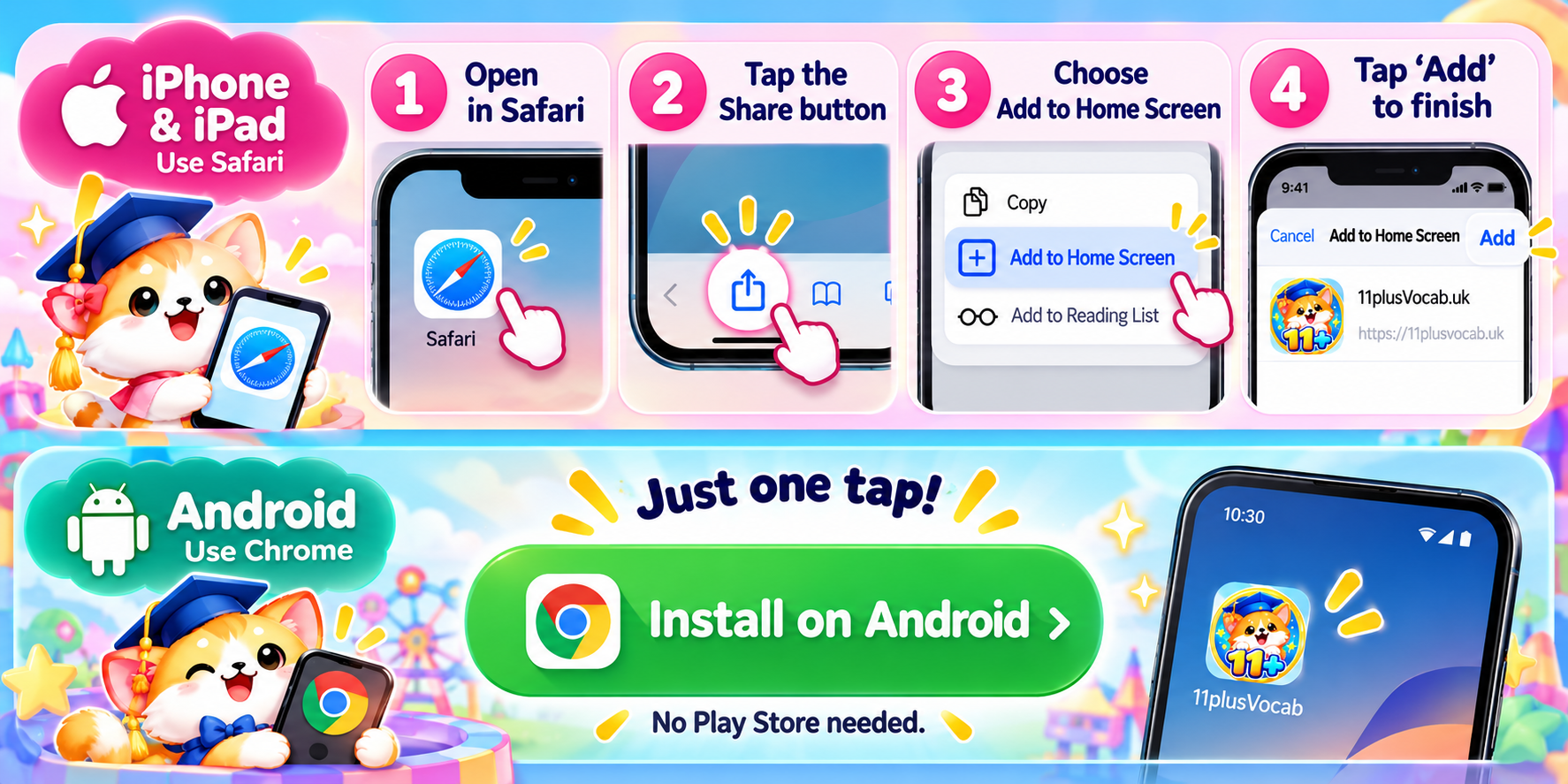 iPhone and iPad: open in Safari, tap Share, choose Add to Home Screen, then Add. Android: use Chrome and tap the green Install on Android button.